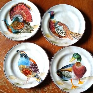 Pottery Barn Botanical Harvest Autumn Bird appetizer plates, set of 4